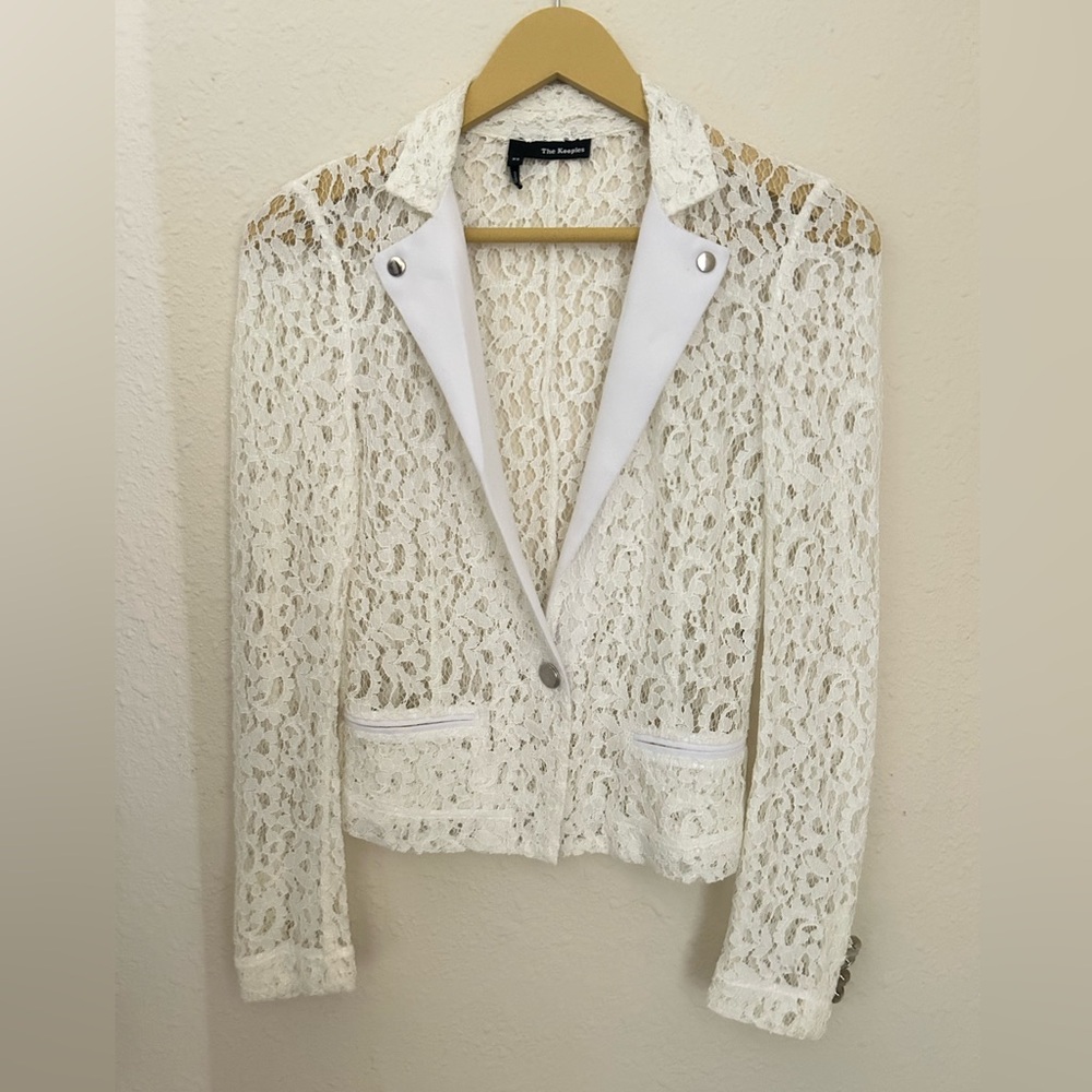 The Kooples White Lace Blazer with Floral Design